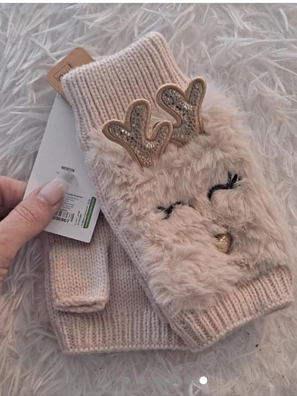 I AM Beige faux fur knit Fingerless Gloves Reindeer Mittens Holiday BRAND NEW